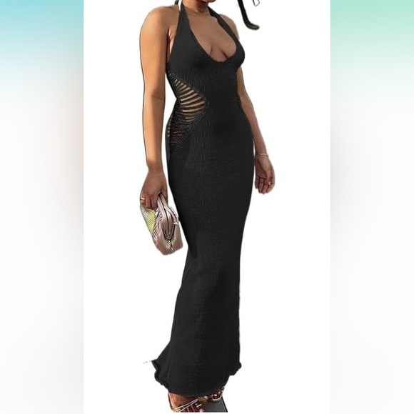 Dresses | Black Knit Backless Halter Maxi Dress W Side Cutouts | Poshmark